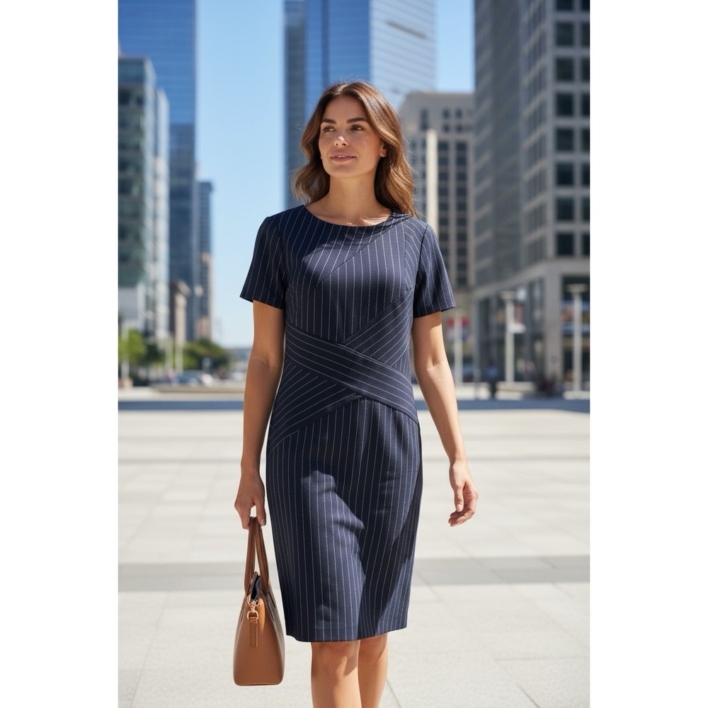 Tahari Arthur S. Levine Navy & White Pinstripe Short Sleeves Pencil Dress Size 8